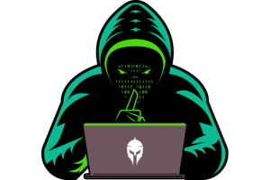 Hacker Figure - Illustration of a figure in a hoodie typing on a laptop with a spartan helmet logo.