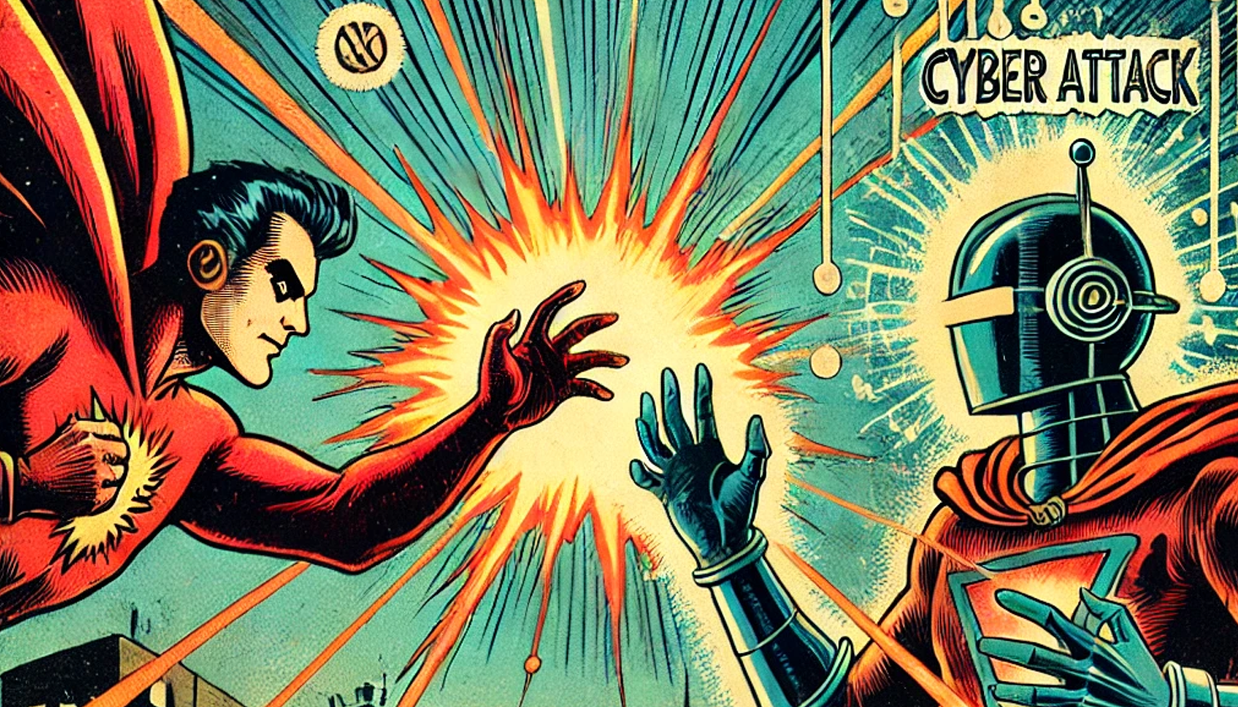 Comic-Style Illustration (Multiple Versions) - Retro-style illustrations with characters, some involving technology and espionage themes.