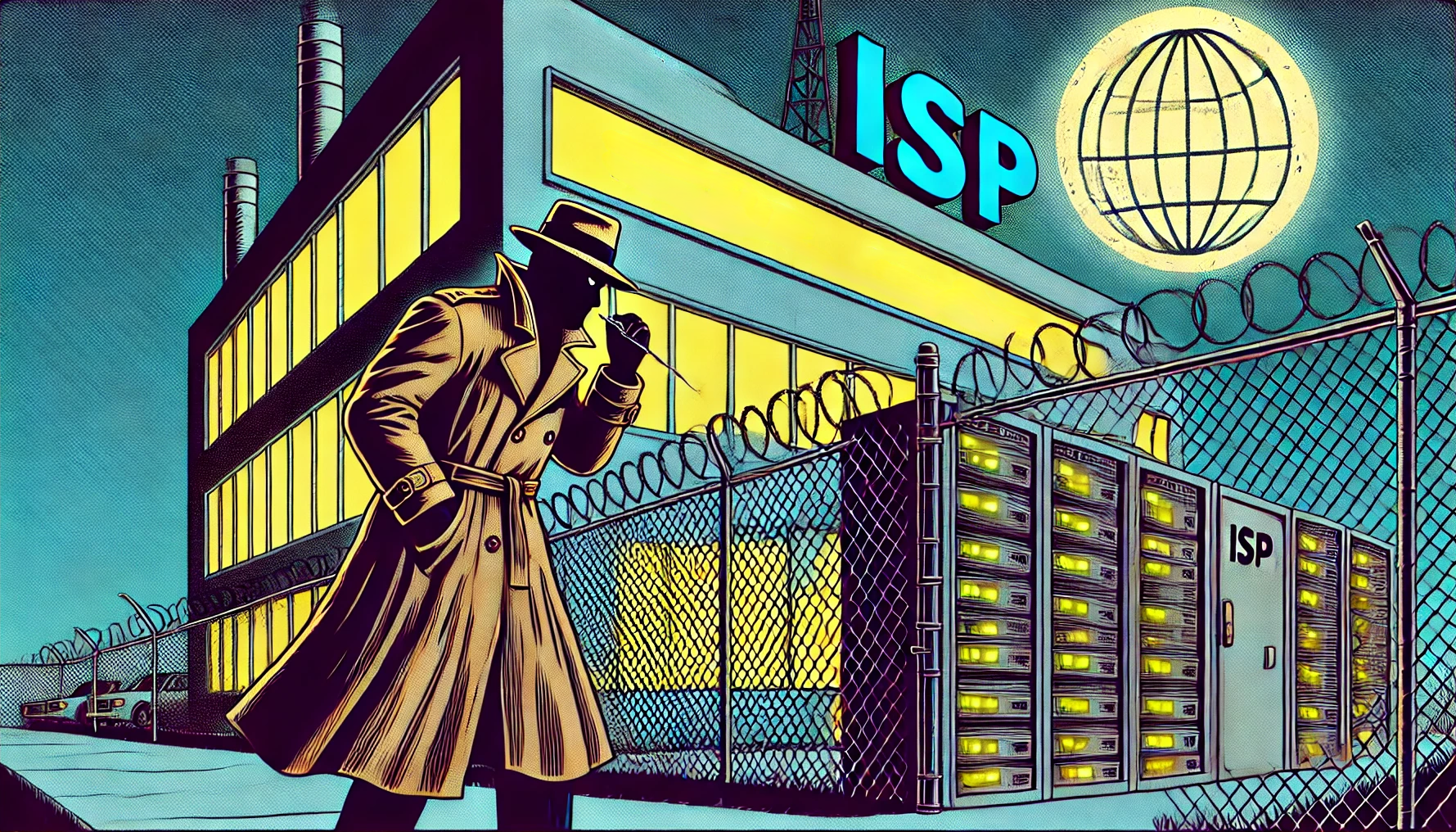Comic-Style Illustration (Multiple Versions) - Retro-style illustrations with characters, some involving technology and espionage themes.