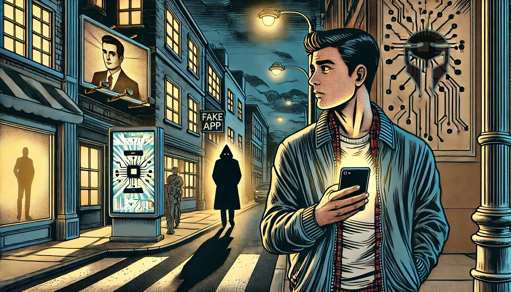 Comic-Style Illustration (Multiple Versions) - Retro-style illustrations with characters, some involving technology and espionage themes.