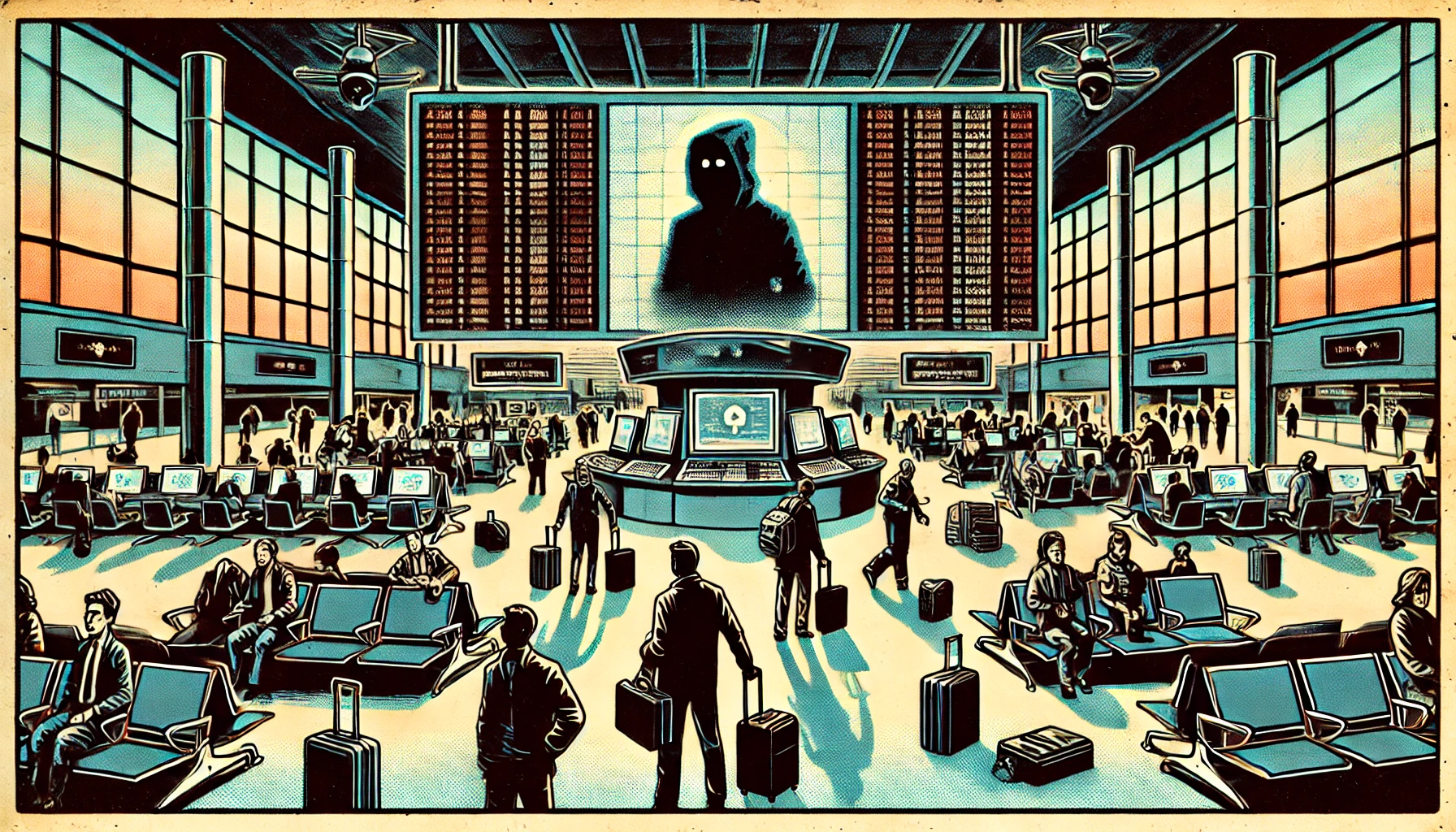 A chaotic airport scene with passengers scrambling and dark digital screens, symbolizing the disruption caused by a cyberattack on the Port of Seattle.