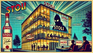 A widescreen vintage comic-style illustration of Stoli Vodka's headquarters being hacked. The scene shows a modern, corporate glass building