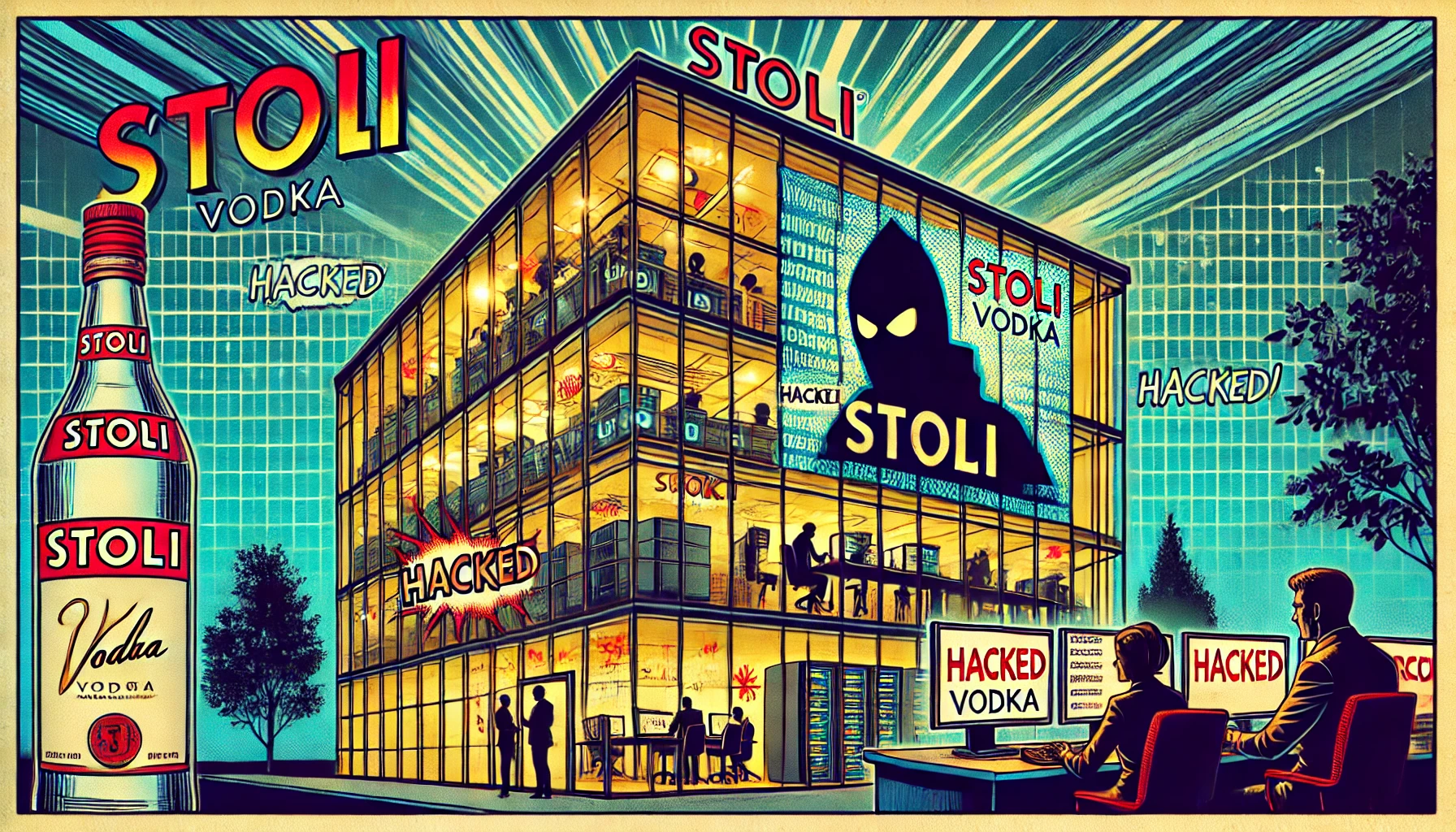 A widescreen vintage comic-style illustration of Stoli Vodka's headquarters being hacked. The scene shows a modern, corporate glass building
